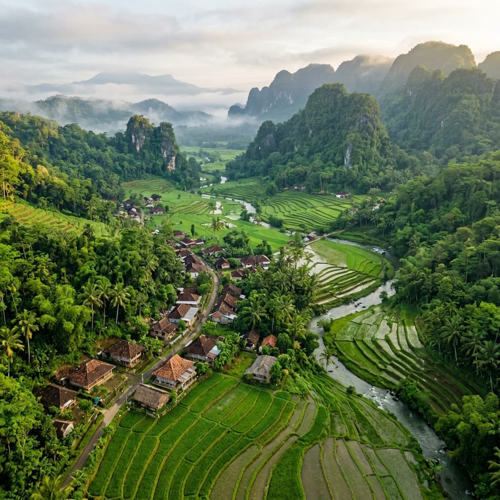 Pemandangan udara Desa Selasari yang hijau dengan sawah terasering dan perbukitan karst