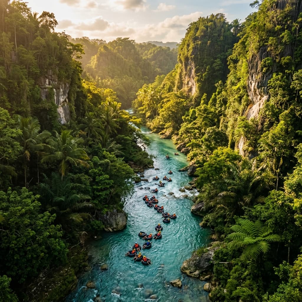 Sungai Santirah river tubing di Desa Wisata Selasari, Pangandaran